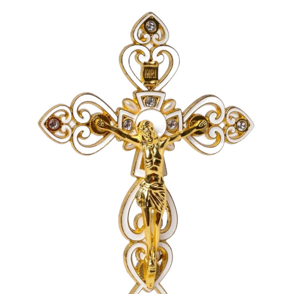 White & Gold Chrome Plated Standing Religious Crucifix Cross