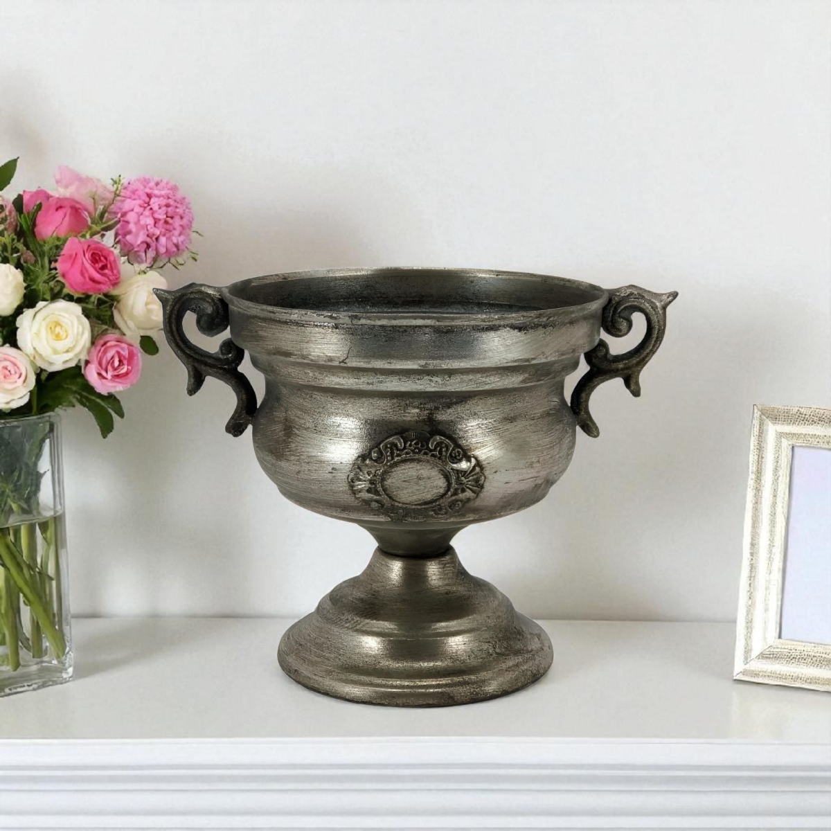 Brushed Antique Silver Rustic Urn Vase with Emblem & Ornate Handles