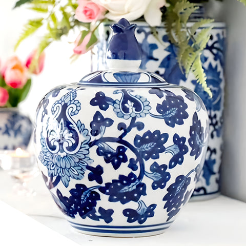 Hamptons Blue & White Floral Ceramic Decorative Ginger Temple Jar
