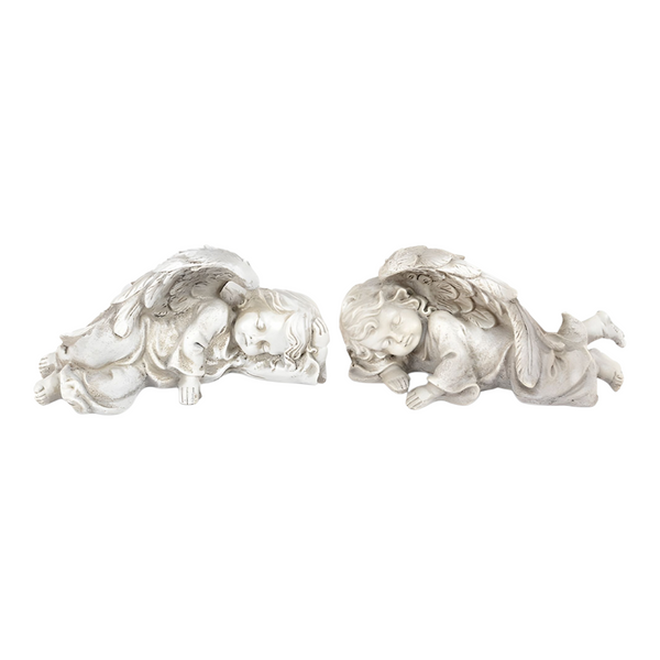 Set 2 Sleeping Angel Cherub Statues In Wings