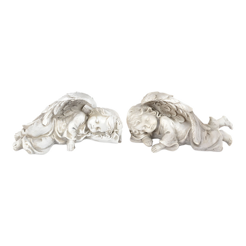 Set 2 Sleeping Angel Cherub Statues In Wings
