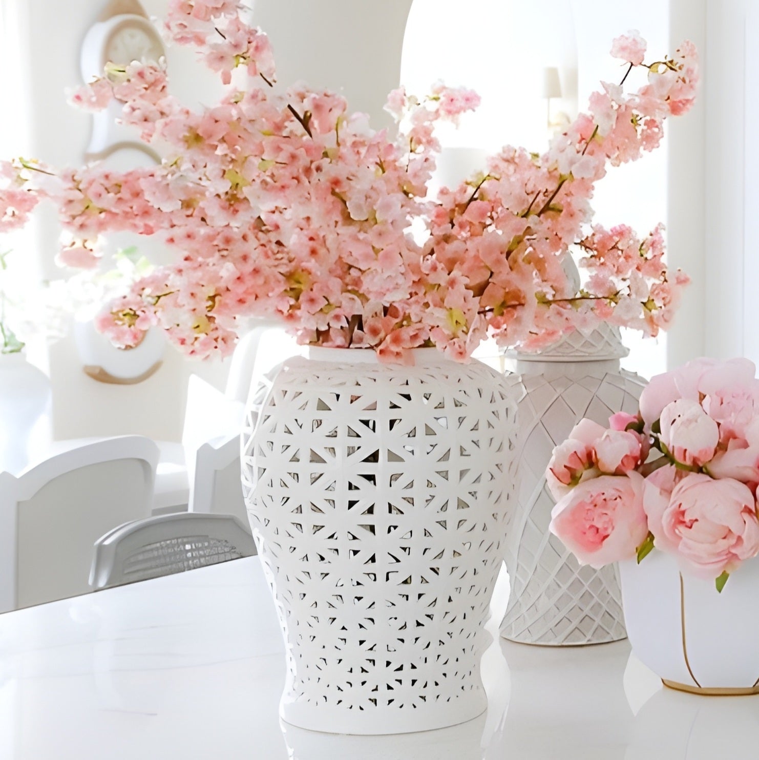 Large White Pierced Decorative Tabletop Temple Jar