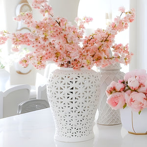 Large White Pierced Decorative Tabletop Temple Jar