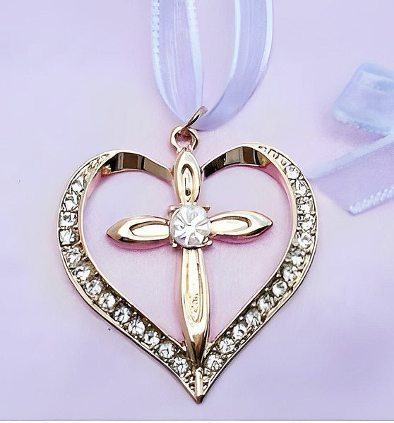 Gold Cross & Love Heart with Crystal Diamantes Wedding Bridal Good Luck Charm