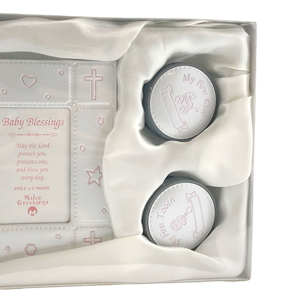 Set 3 Pink Baby Girl First Tooth, Curl & Blessings Photo Frame Keepsake In Satin Gift Box