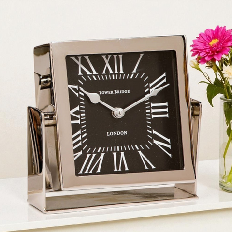 Small Silver Nickel Plated Square Black Face Tower Bridge Mantel Clock