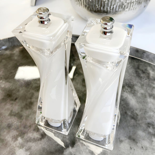 2 Piece White & Transparent Acrylic Salt & Pepper Grinder Shakers Mill Set
