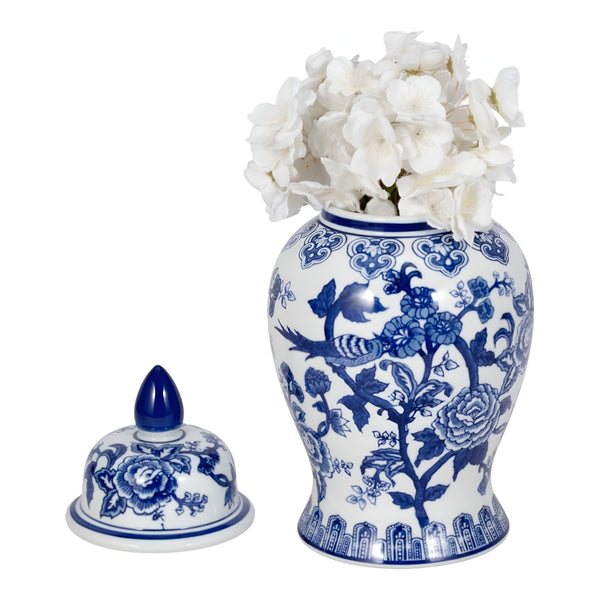 Blue & White Floral & Birds Decorative Tabletop Temple Jar