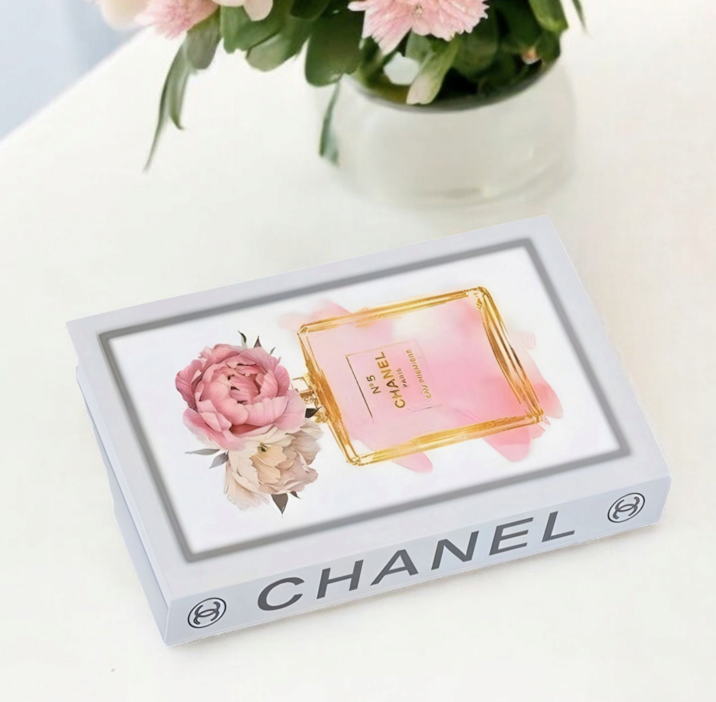 Coco Chanel No5 Perfume Bottle & Pink Flowers Designer Display Storage Book Box