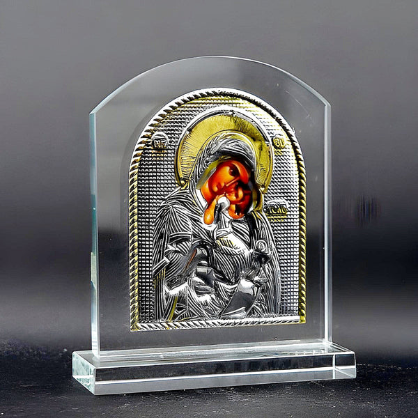 Orthodox Gold & Silver Plated Holy Mother Mary & Jesus Glass Icon Plaque Stand