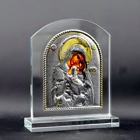 Orthodox Gold & Silver Plated Holy Mother Mary & Jesus Glass Icon Plaque Stand