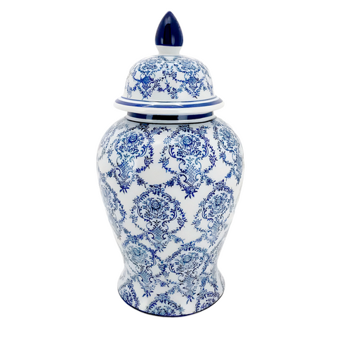 Large Blue & White Floral Decorative Tabletop Temple Jar
