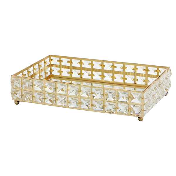 Gold Plated Rectangle Mirror Tray & Sparkling Bevelled Glass Crystal Jewels