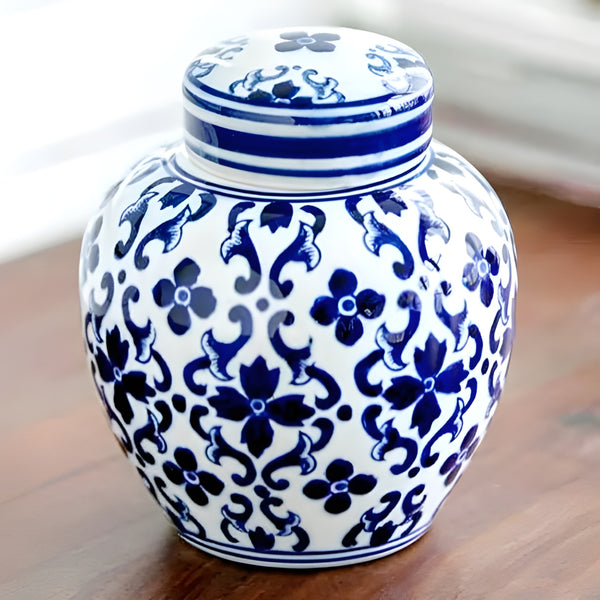 Hamptons Blue & White Floral Ceramic Decorative Ginger Temple Jar