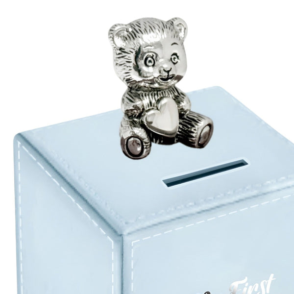 Blue Leather & Silver Teddy Bear Motif Baby Boy My First Money Bank Box