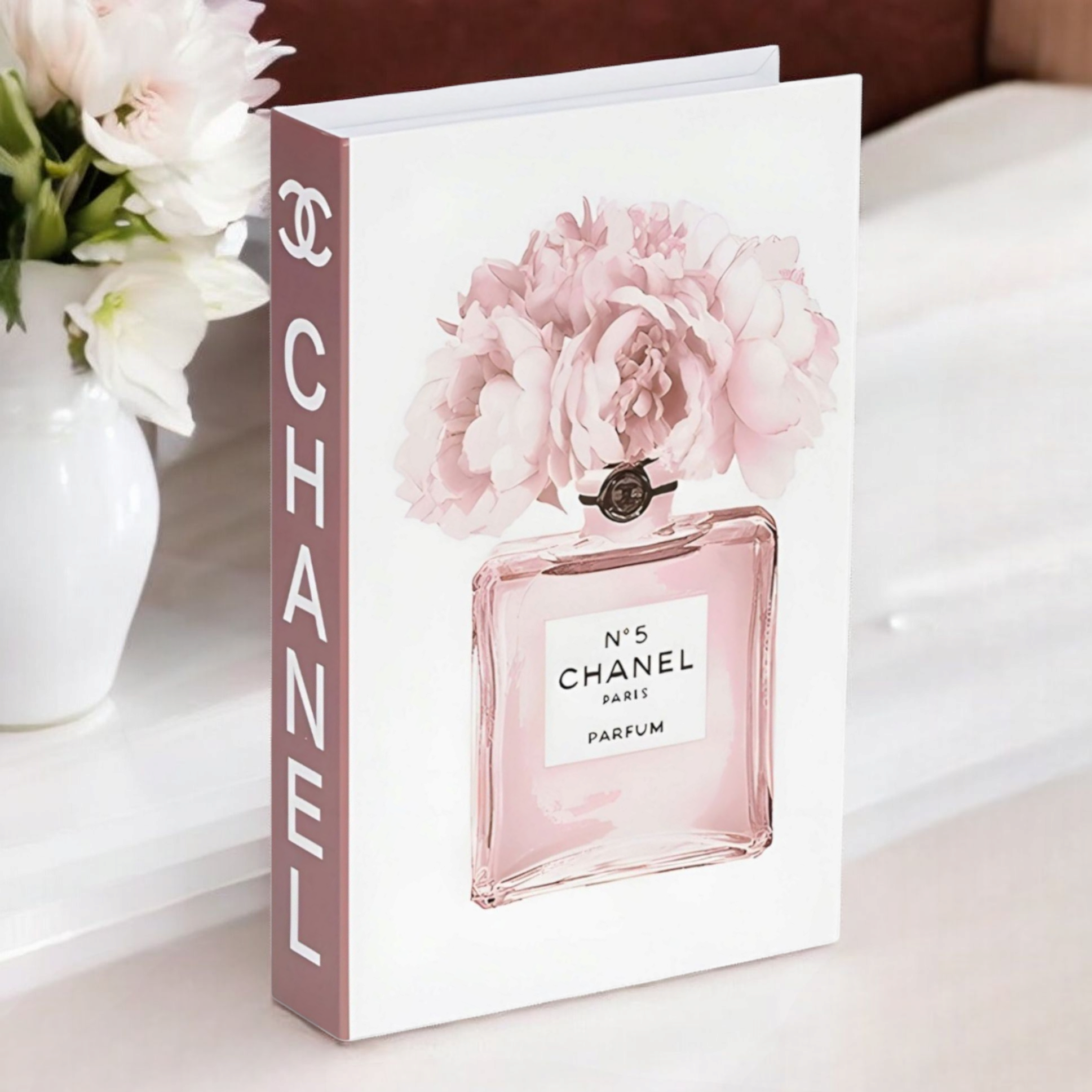 Coco Chanel No5 Perfume Bottle & Pink Flowers Designer Display Storage Book Box