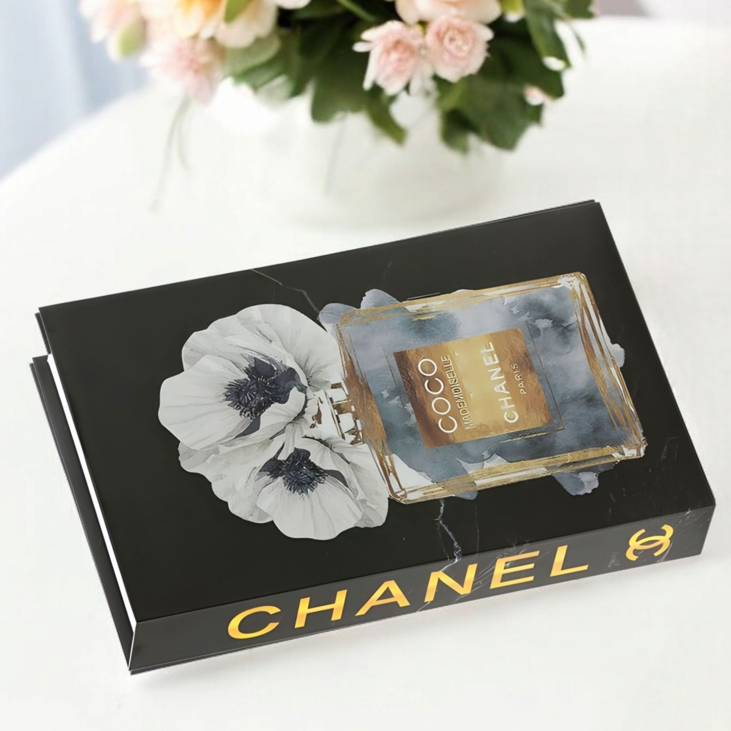 Black Coco Chanel Perfume Bottle & Flowers Designer Display Storage Book Box