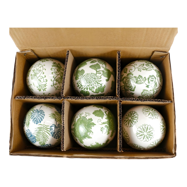 Set 6 Green & White Floral Ceramic Decorative Tabletop Balls