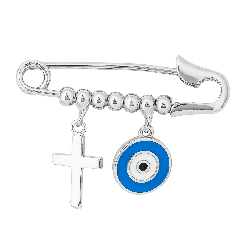 Rhodium Plated Sterling Silver Baby Pin & Blue Evil Eye and Cross Charm