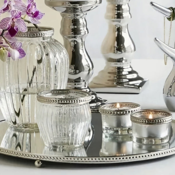 5 Piece Silver Round Glass Mirror Tray, Flower Vase & Candle Holders Decorative Table Display Set