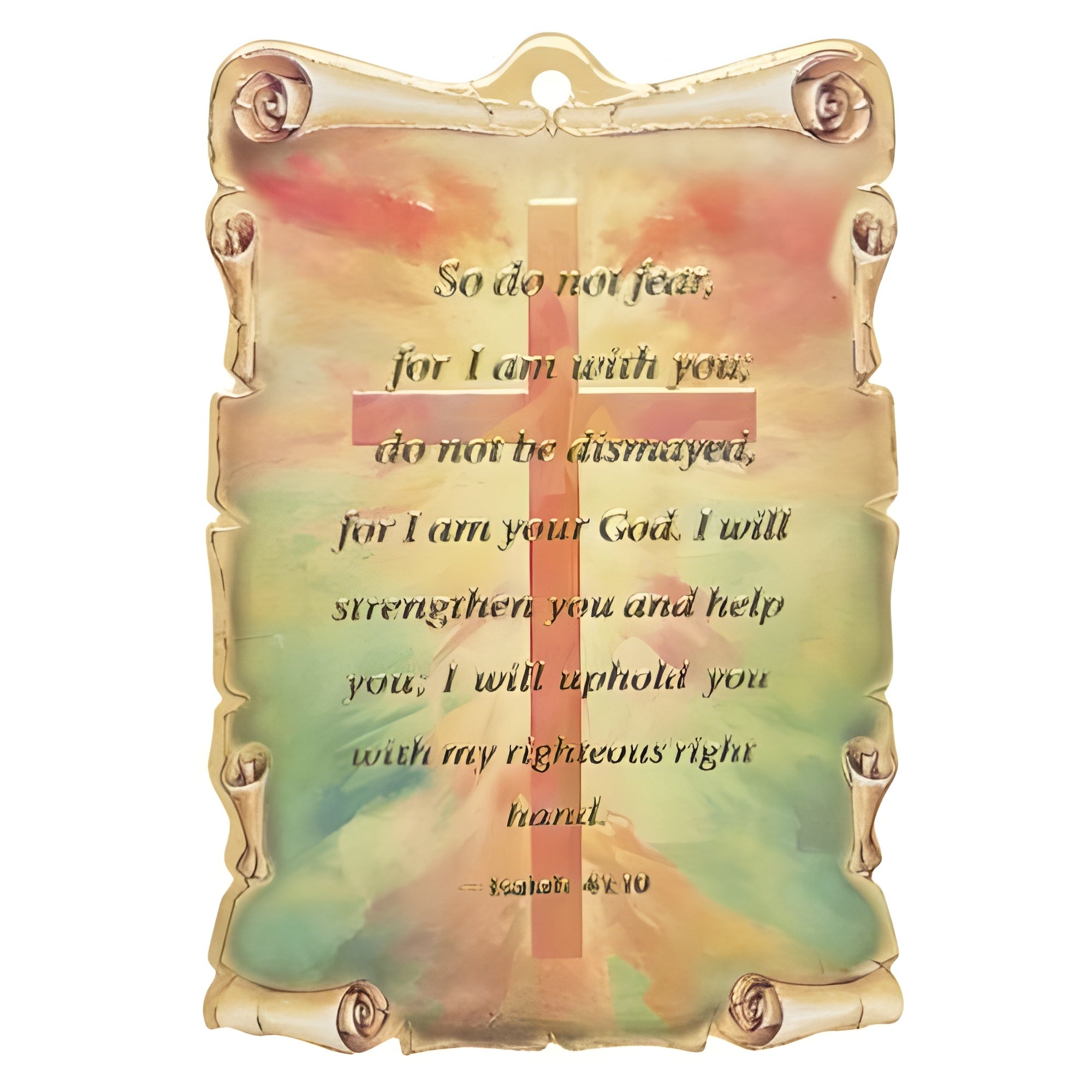 Catholic Scroll Design Ceramic Standing Plaque With A Cross & Religious Quote