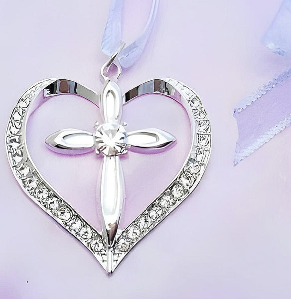 Silver Cross & Love Heart with Crystal Diamantes Wedding Bridal Good Luck Charm