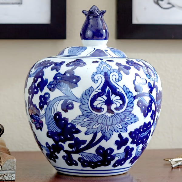 Hamptons Blue & White Floral Ceramic Decorative Ginger Temple Jar