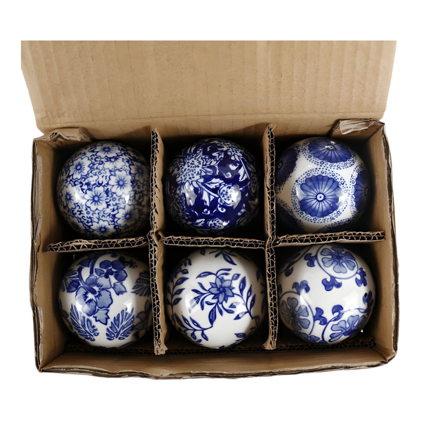 Set 6 Blue & White Floral Ceramic Decorative Tabletop Balls