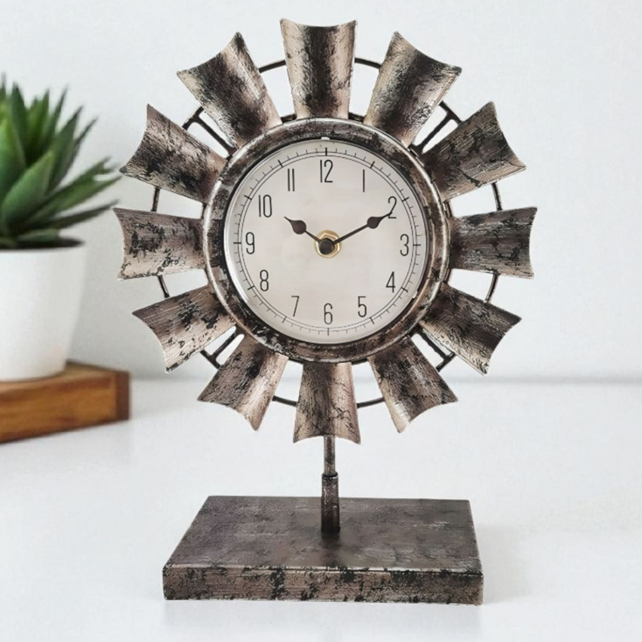 Iron & Wood Windmill Table Clock On Base