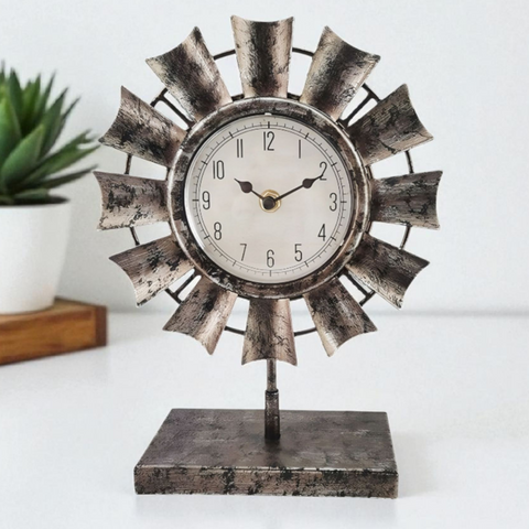 Iron & Wood Windmill Table Clock On Base