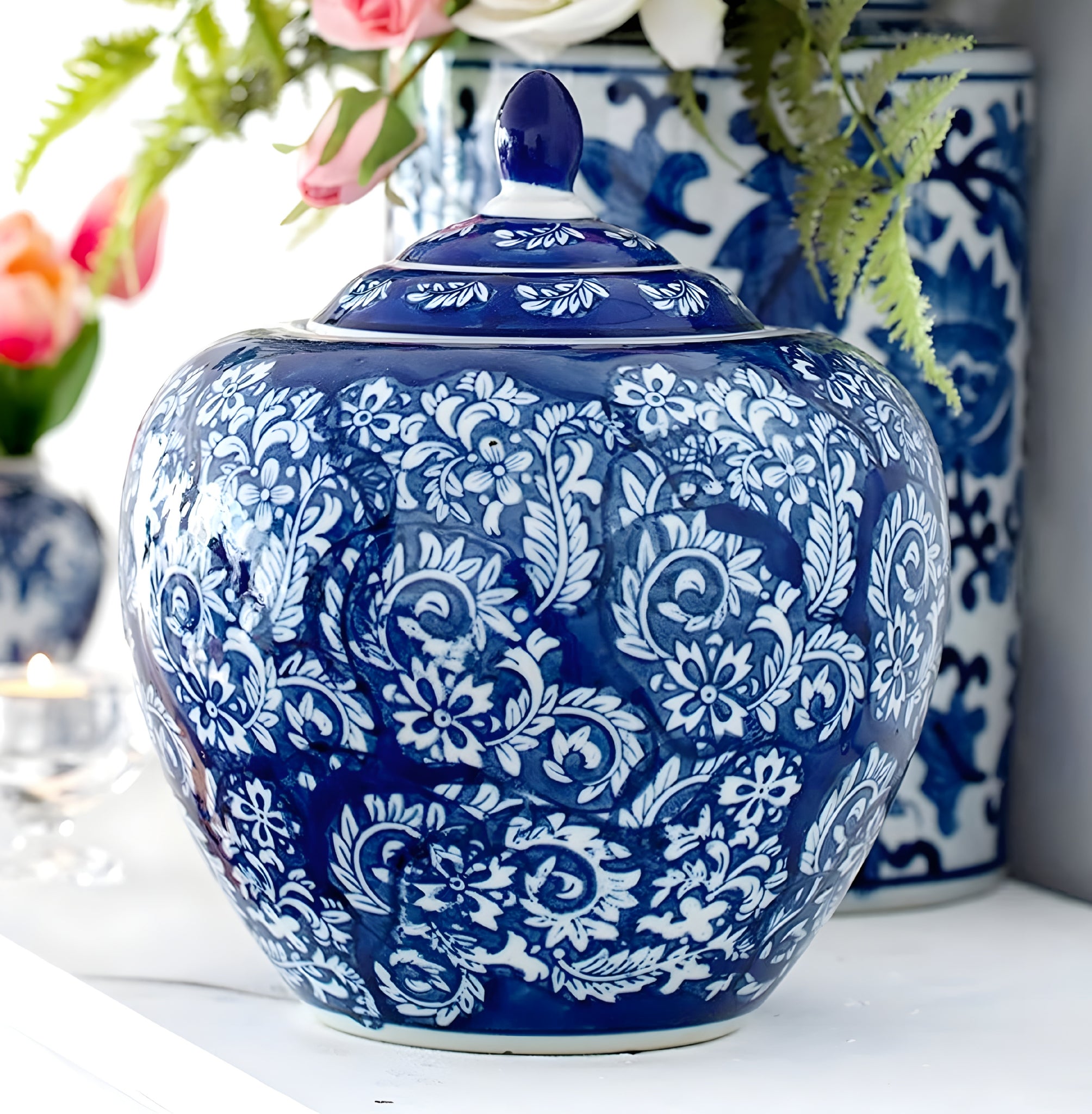 Hamptons Blue & White Floral Blossom Ceramic Decorative Ginger Temple Jar
