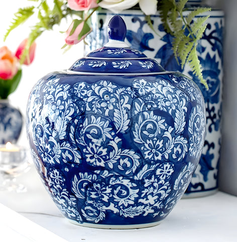 Hamptons Blue & White Floral Blossom Ceramic Decorative Ginger Temple Jar
