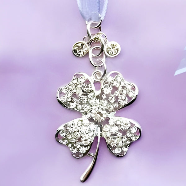 Silver 4 Leaf Clover with Crystal Diamantes Wedding Bridal Good Luck Charm