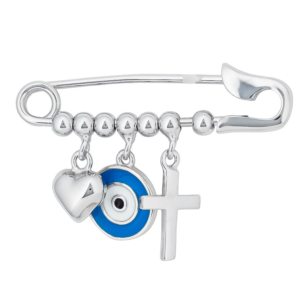 Rhodium Plated Sterling Silver Baby Pin & Blue Evil Eye, Cross and Love Heart Charm