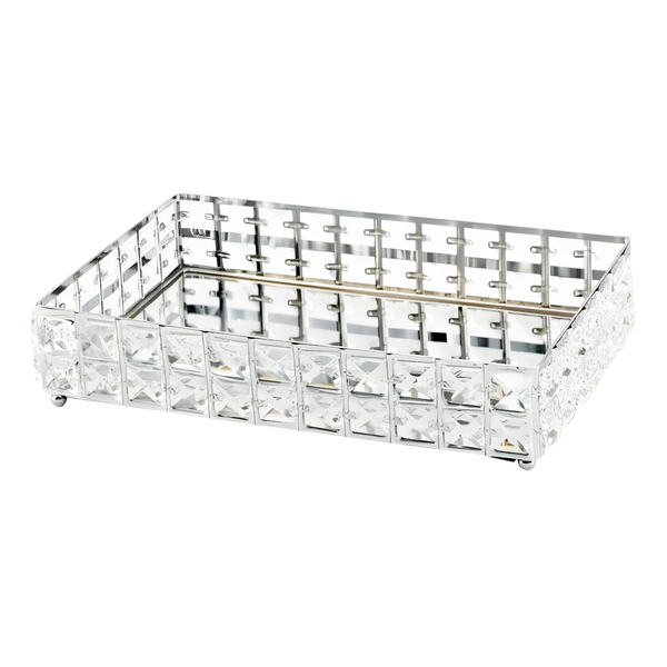 Silver Plated Rectangle Mirror Tray & Sparkling Bevelled Glass Crystal Jewels