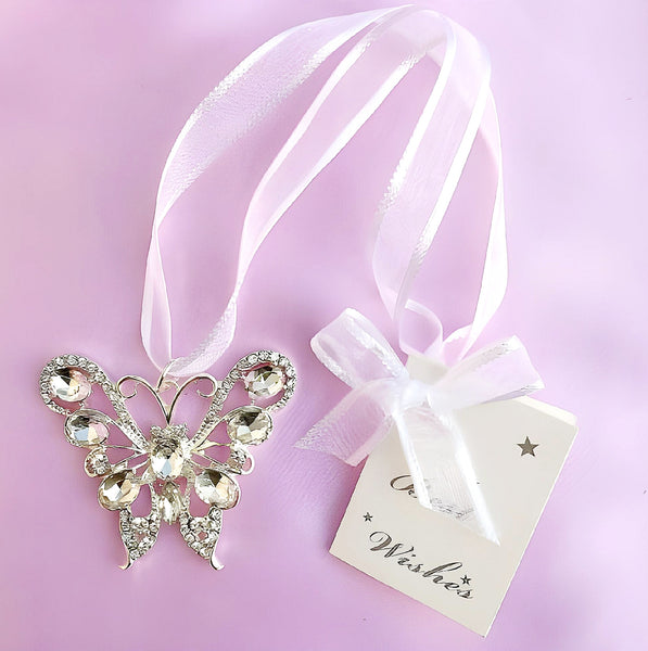 Silver Butterfly with Crystal Diamantes & Gems Wedding Bridal Good Luck Charm