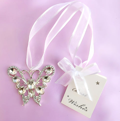 Silver Butterfly with Crystal Diamantes & Gems Wedding Bridal Good Luck Charm