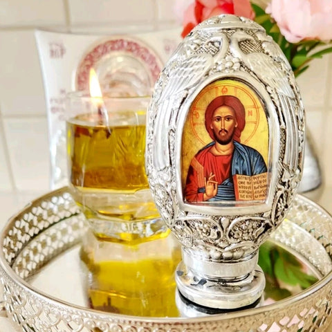 Orthodox Silver Plated Double Sided Holy Mother Mary & Jesus Religious Egg Ornament