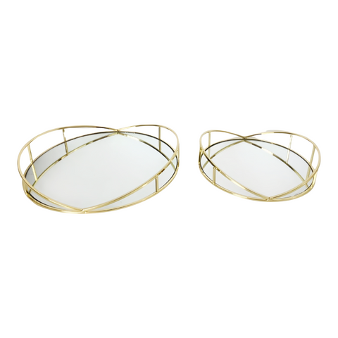 Set 2 Gold Plated Round Decorative Deluxe Mirror Trays