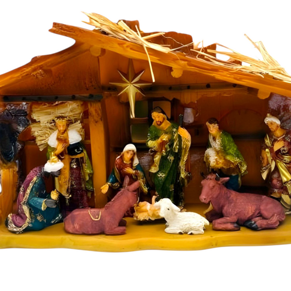Christmas Nativity Scene Colour Figurines & Stable Display Statue