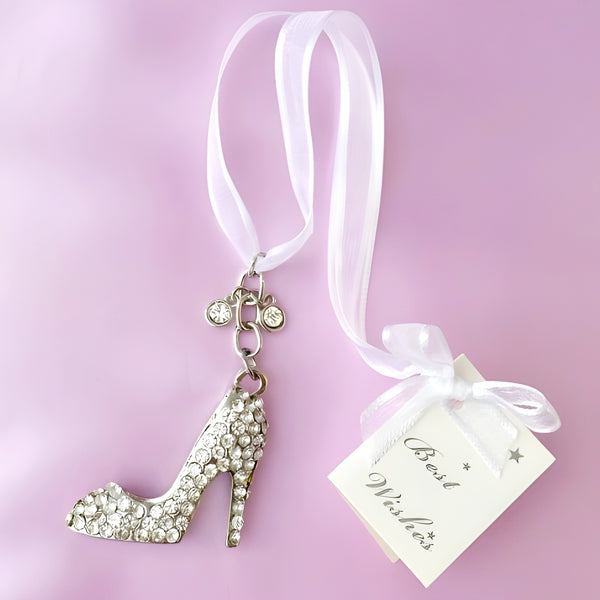 Silver High Heel Shoe with Crystal Diamantes Wedding Bridal Good Luck Charm