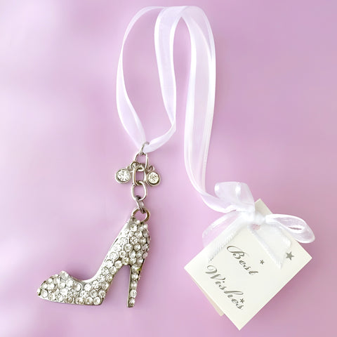 Silver High Heel Shoe with Crystal Diamantes Wedding Bridal Good Luck Charm
