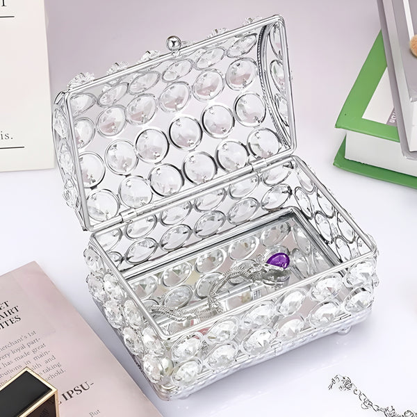 Silver Treasure Chest Jewellery Box & Sparkling Bevelled Glass Crystal Jewels