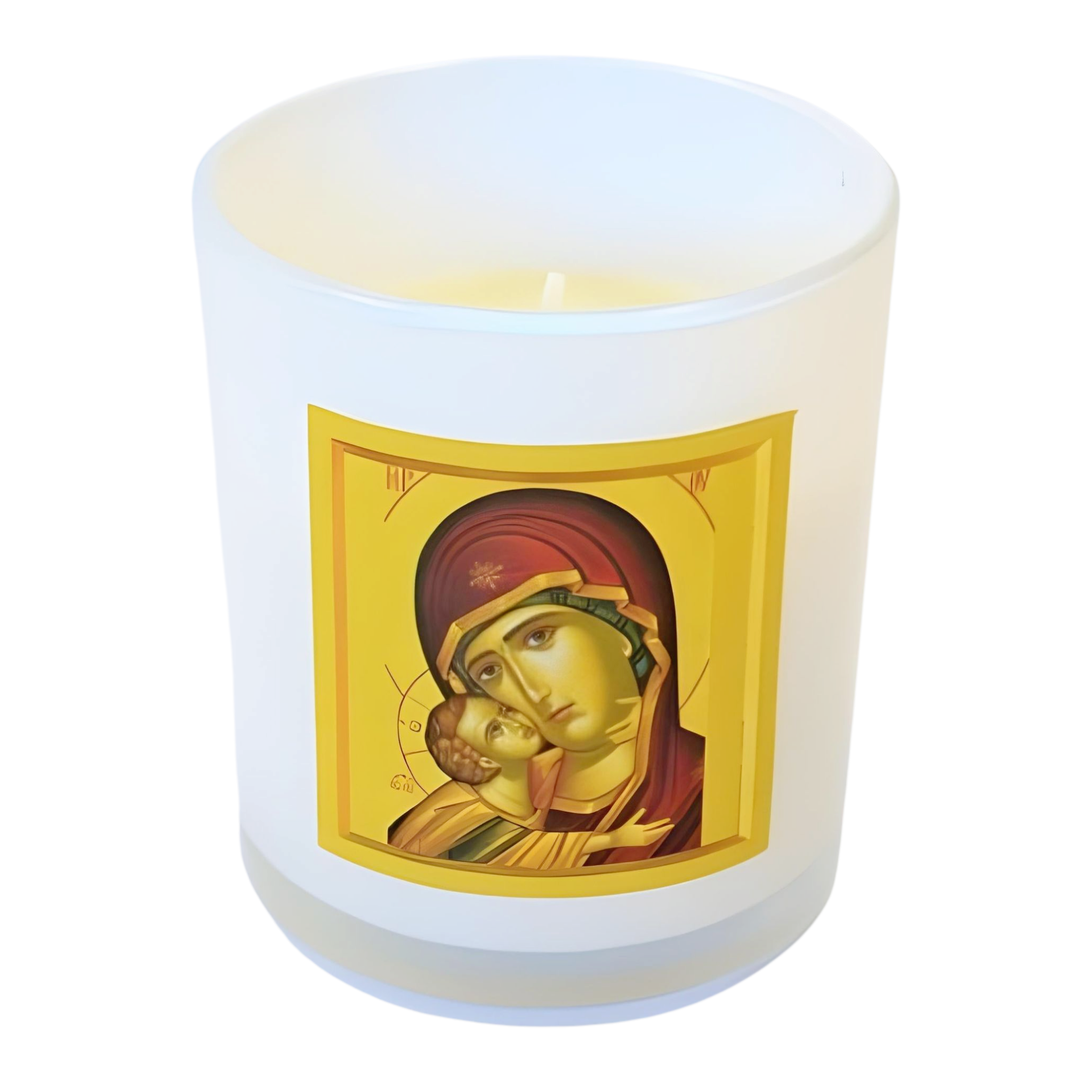 Orthodox Holy Mother Mary & Jesus Icon Wax Candle In White Glass Cup