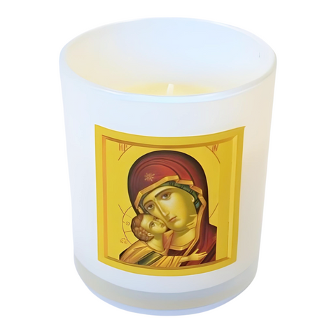 Orthodox Holy Mother Mary & Jesus Icon Candle In White Glass Cup