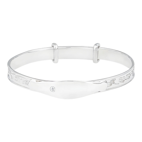 Rhodium Plated Sterling Silver Baby Identity Name Bangle & White Cubic Zirconia