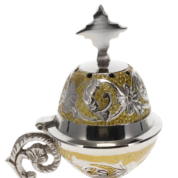 Orthodox Silver & Brass Metal Religious Incense Burner With Cross Top & Handle