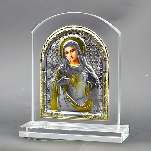 Catholic Gold & Silver Plated Sacred Heart Mother Mary Glass Icon Plaque Stand