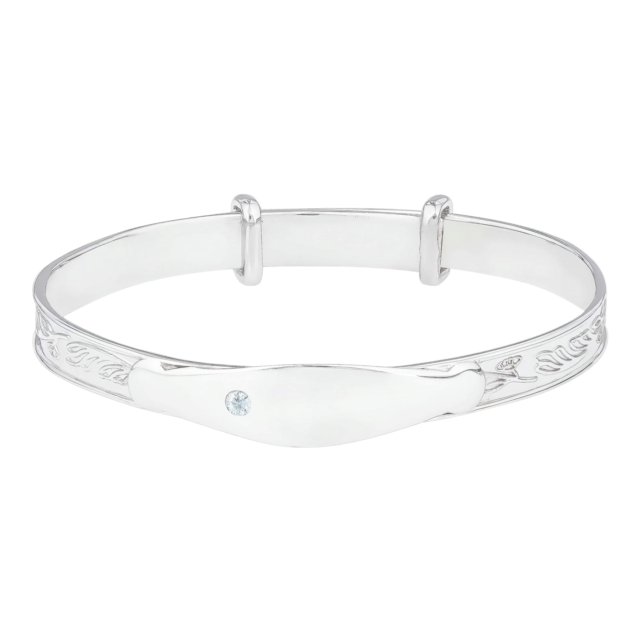 Rhodium Plated Sterling Silver Baby Identity Name Bangle & Blue Cubic Zirconia