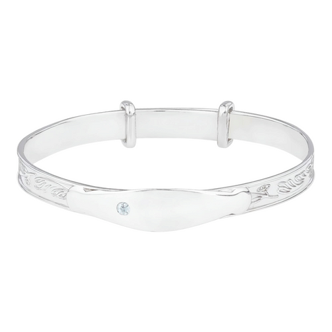 Rhodium Plated Sterling Silver Baby Identity Name Bangle & Blue Cubic Zirconia